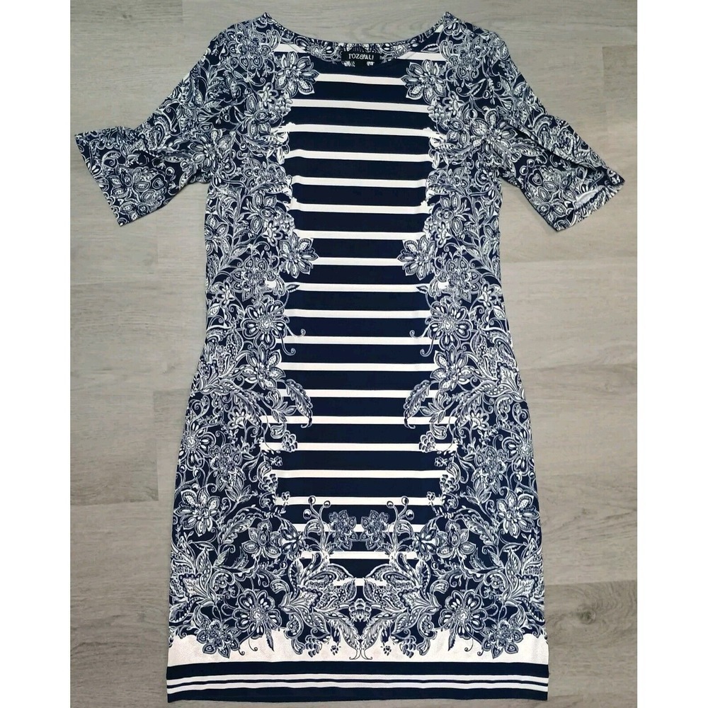 Roz & Ali Blue White Stripe Dress Stretch Office Casual  Knee Length Size Small